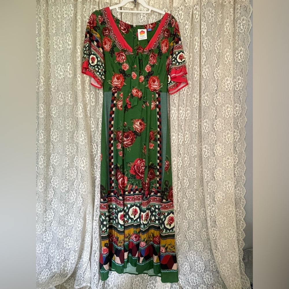 FARM Rio Green and Red Floral Maxi Dress